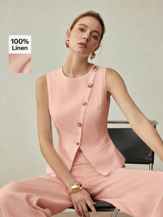 MOTF PREMIUM 100% LINEN METAL BUCKLE DECOR BLAZER VEST TOP, VINTAGE STYLE, SPRING/SUMMER
