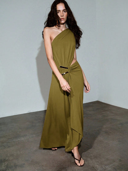 MOTF PREMIUM ASYMMETRICAL CUT & RUCHED METAL BUCKLE DECOR DRESS, SPRING/SUMMER