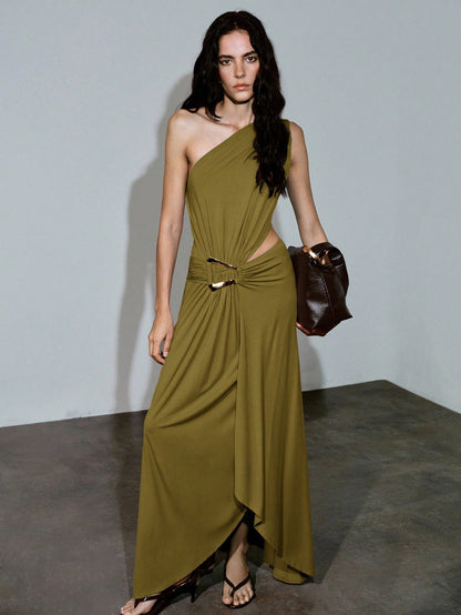 MOTF PREMIUM ASYMMETRICAL CUT & RUCHED METAL BUCKLE DECOR DRESS, SPRING/SUMMER