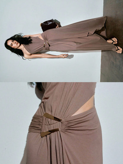 MOTF PREMIUM ASYMMETRICAL CUT & RUCHED METAL BUCKLE DECOR DRESS, SPRING/SUMMER