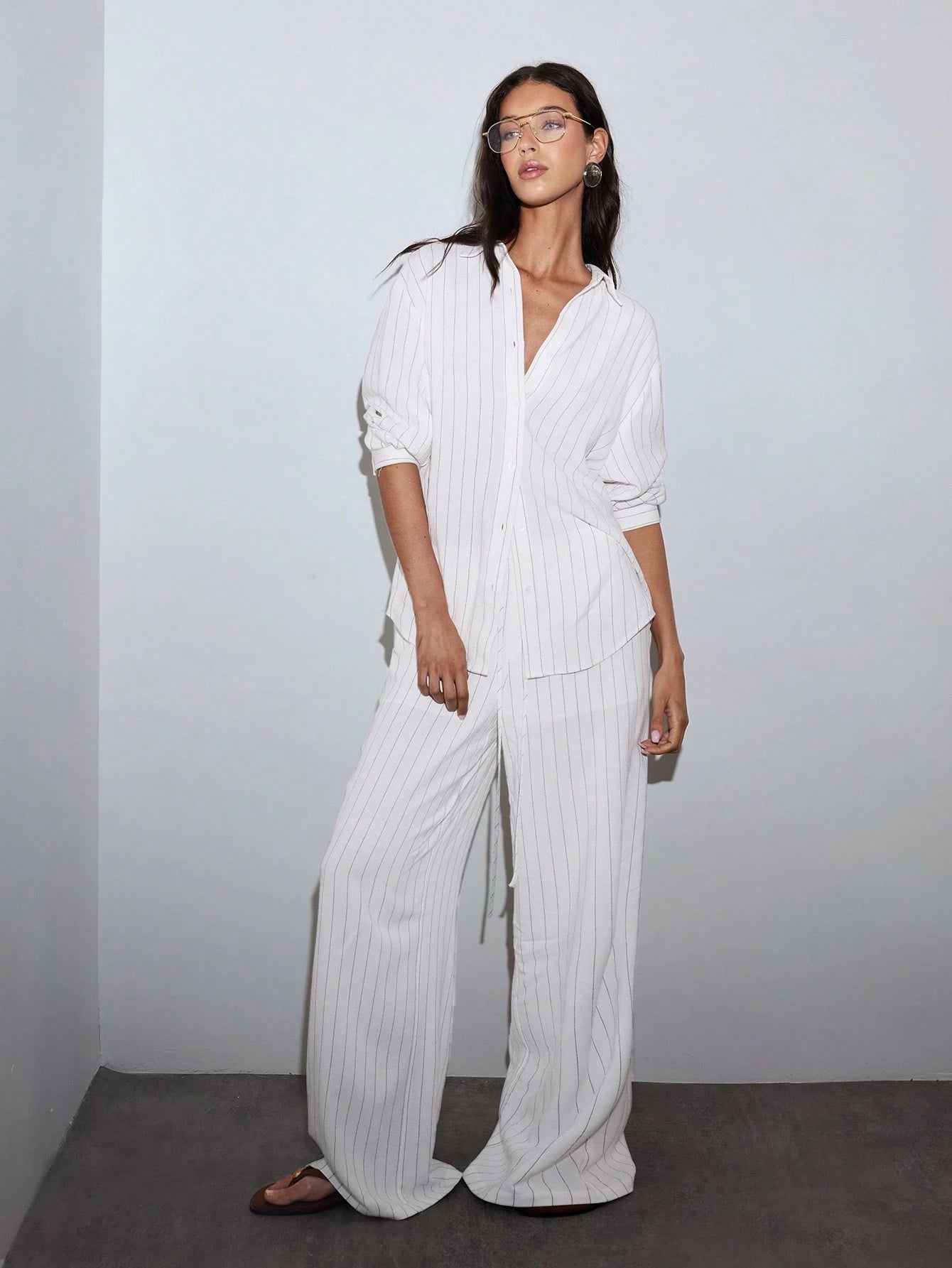 MOTF PREMIUM OVERSIZED LINEN STRIPED LONG SHIRT, LOOSE FIT, SPRING/SUMMER