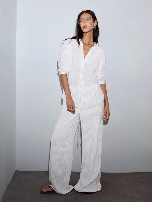 MOTF PREMIUM OVERSIZED LINEN STRIPED LONG SHIRT, LOOSE FIT, SPRING/SUMMER