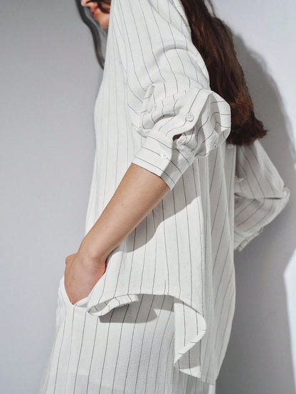 MOTF PREMIUM OVERSIZED LINEN STRIPED LONG SHIRT, LOOSE FIT, SPRING/SUMMER