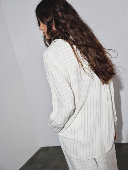 MOTF PREMIUM OVERSIZED LINEN STRIPED LONG SHIRT, LOOSE FIT, SPRING/SUMMER