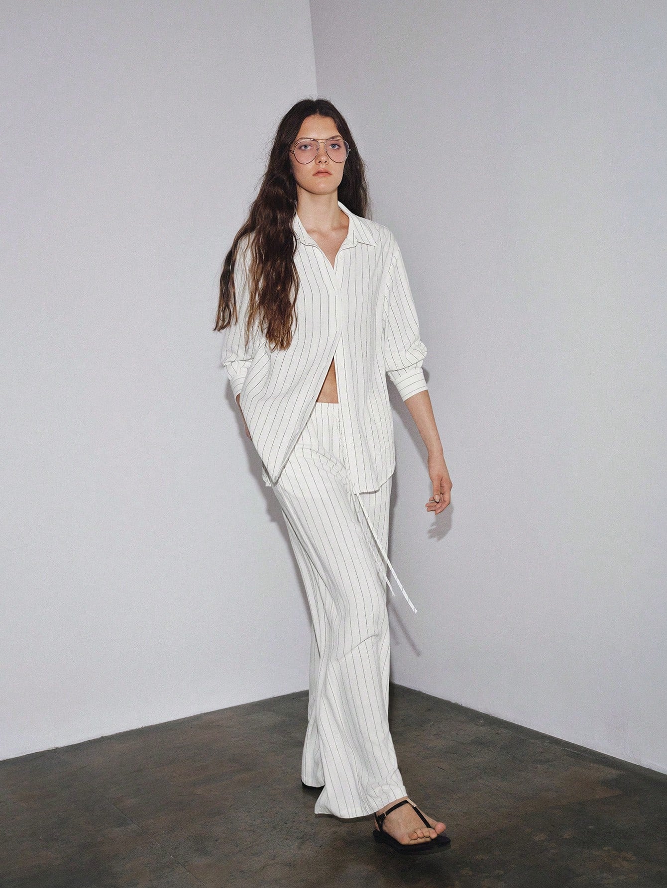 MOTF PREMIUM OVERSIZED LINEN STRIPED LONG SHIRT, LOOSE FIT, SPRING/SUMMER