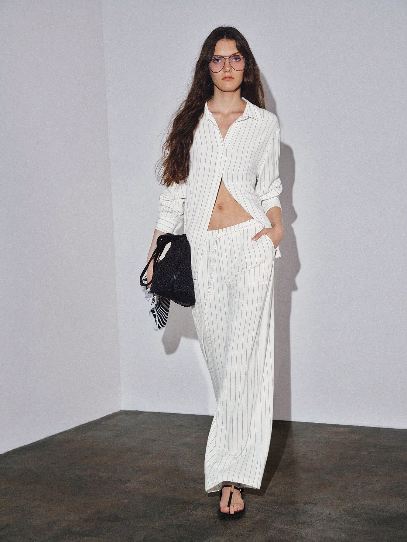 MOTF PREMIUM OVERSIZED LINEN STRIPED LONG SHIRT, LOOSE FIT, SPRING/SUMMER