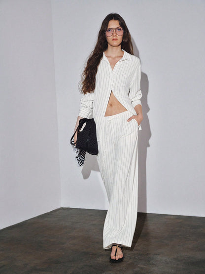 MOTF PREMIUM OVERSIZED LINEN STRIPED LONG SHIRT, LOOSE FIT, SPRING/SUMMER