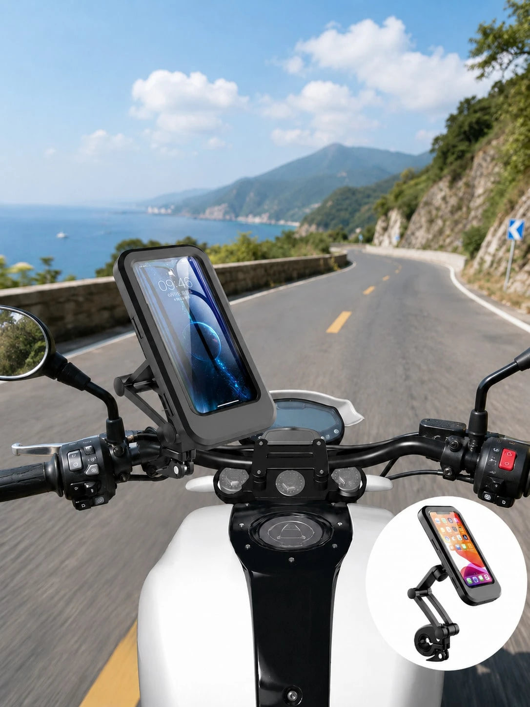 Motorcycle Phone Holder Waterproof Shockproof Protective Case 360° Rotating Mount Touchscreen Compatible Handlebar Mount Universal Phone Navigation Bracket For Scooter Electric Bike Cycling