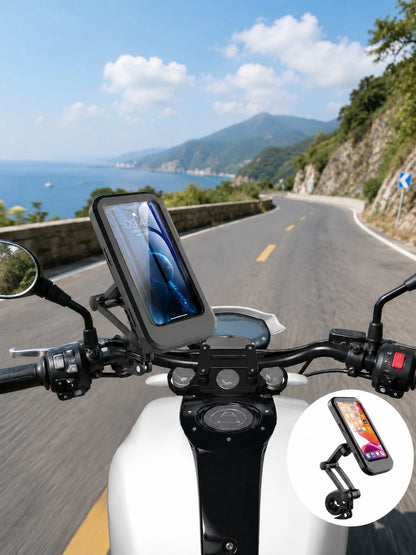 Motorcycle Phone Holder Waterproof Shockproof Protective Case 360° Rotating Mount Touchscreen Compatible Handlebar Mount Universal Phone Navigation Bracket For Scooter Electric Bike Cycling