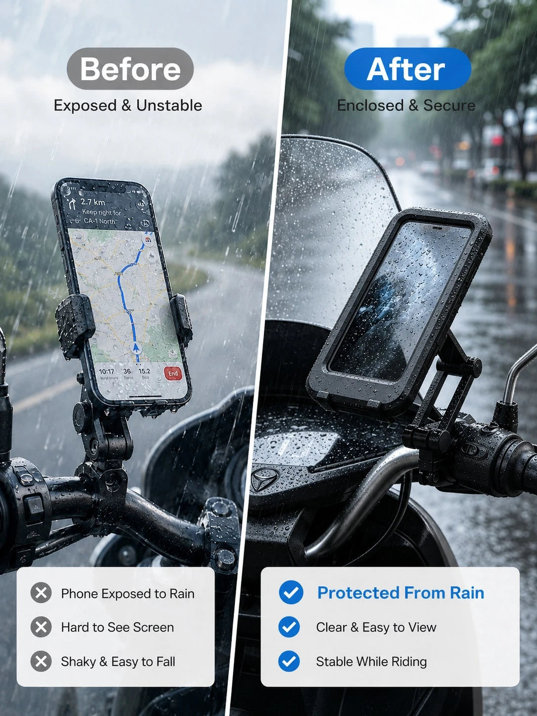 Motorcycle Phone Holder Waterproof Shockproof Protective Case 360° Rotating Mount Touchscreen Compatible Handlebar Mount Universal Phone Navigation Bracket For Scooter Electric Bike Cycling