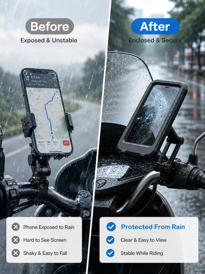 Motorcycle Phone Holder Waterproof Shockproof Protective Case 360° Rotating Mount Touchscreen Compatible Handlebar Mount Universal Phone Navigation Bracket For Scooter Electric Bike Cycling