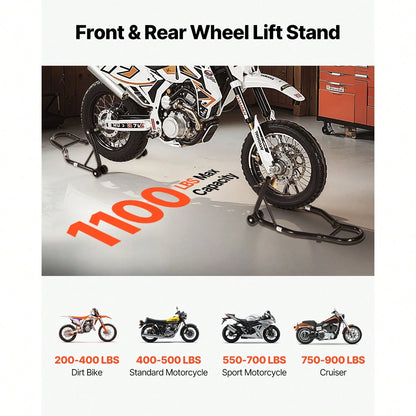 Motorcycle Stand Lift, 1100lbs Capacity Front Rear Combo Stand Lift, Front Wheel Dual-Fork Stand, Rear U+L Fork Swingarm Spool Stand, For Most Yama Ha Hon Da Kawasaki Suzuki Motorcycles, Black