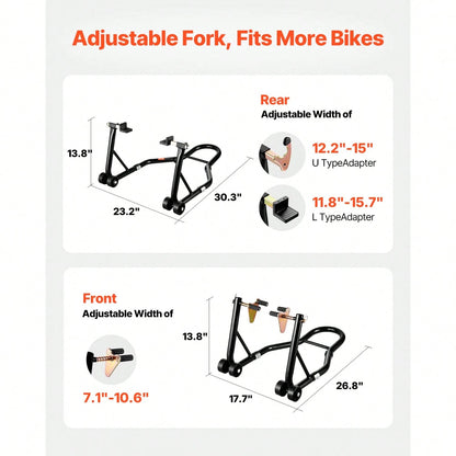 Motorcycle Stand Lift, 1100lbs Capacity Front Rear Combo Stand Lift, Front Wheel Dual-Fork Stand, Rear U+L Fork Swingarm Spool Stand, For Most Yama Ha Hon Da Kawasaki Suzuki Motorcycles, Black