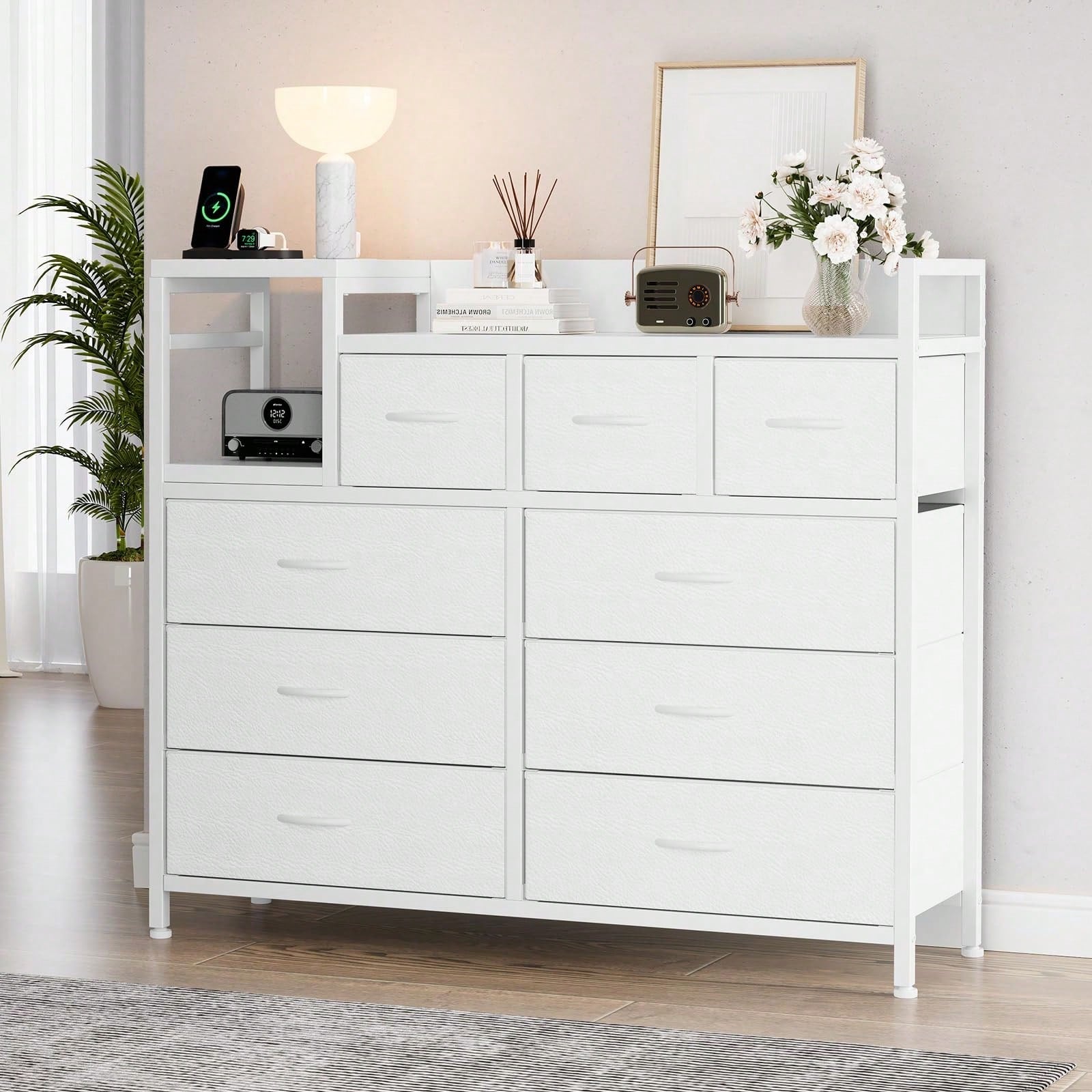mteryoing 9 Drawer Dresser TV Stand With Charging Station, Entertainment Center, Chest Of Drawers With Open Shelves & Metal Frame & Wood Top For TV Up To 45 Inch For Living Room, Bedroom