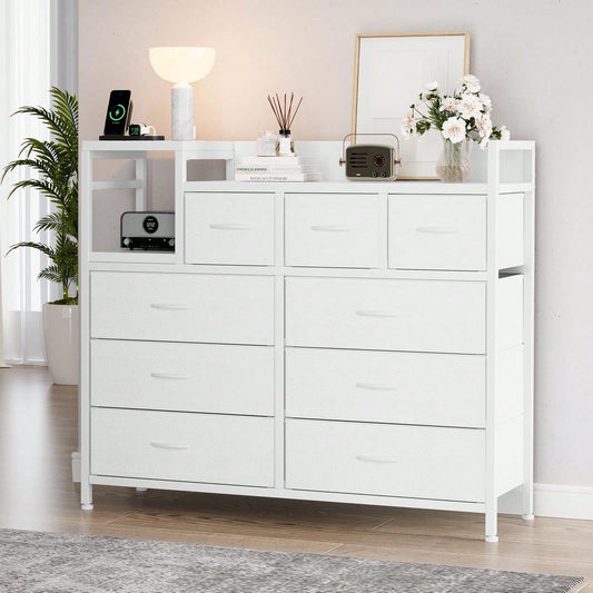 mteryoing 9 Drawer Dresser TV Stand With Charging Station, Entertainment Center, Chest Of Drawers With Open Shelves & Metal Frame & Wood Top For TV Up To 45 Inch For Living Room, Bedroom