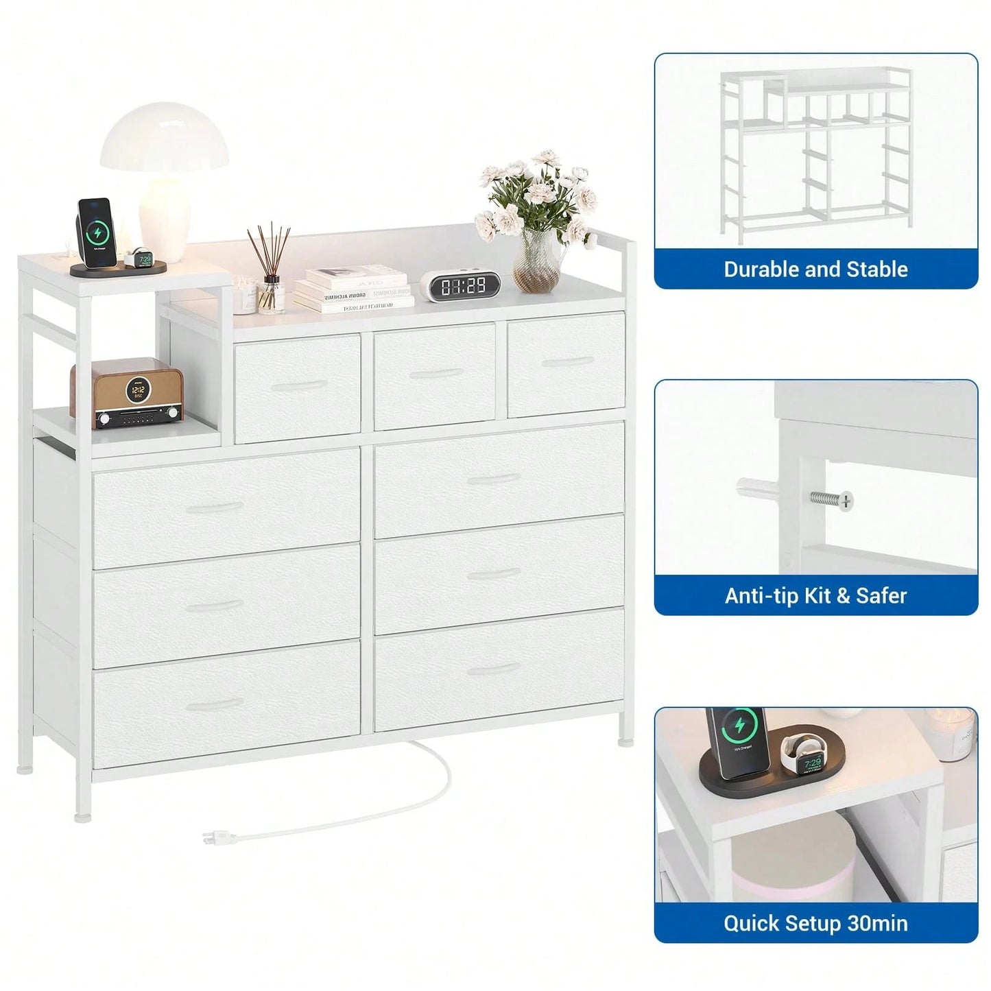 mteryoing 9 Drawer Dresser TV Stand With Charging Station, Entertainment Center, Chest Of Drawers With Open Shelves & Metal Frame & Wood Top For TV Up To 45 Inch For Living Room, Bedroom