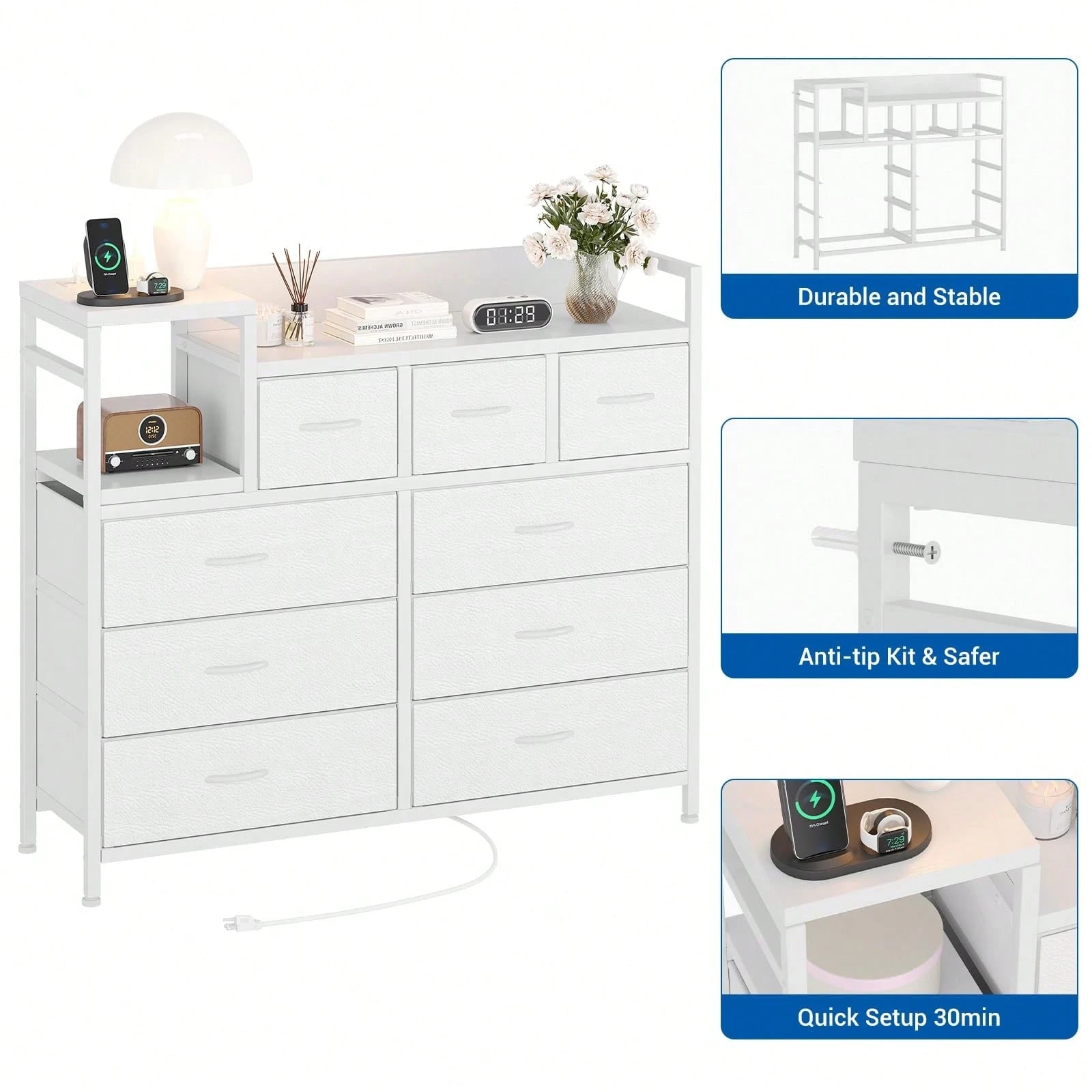 mteryoing 9 Drawer Dresser TV Stand With Charging Station, Entertainment Center, Chest Of Drawers With Open Shelves & Metal Frame & Wood Top For TV Up To 45 Inch For Living Room, Bedroom