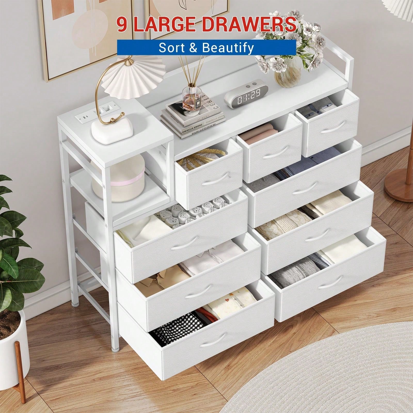mteryoing 9 Drawer Dresser TV Stand With Charging Station, Entertainment Center, Chest Of Drawers With Open Shelves & Metal Frame & Wood Top For TV Up To 45 Inch For Living Room, Bedroom