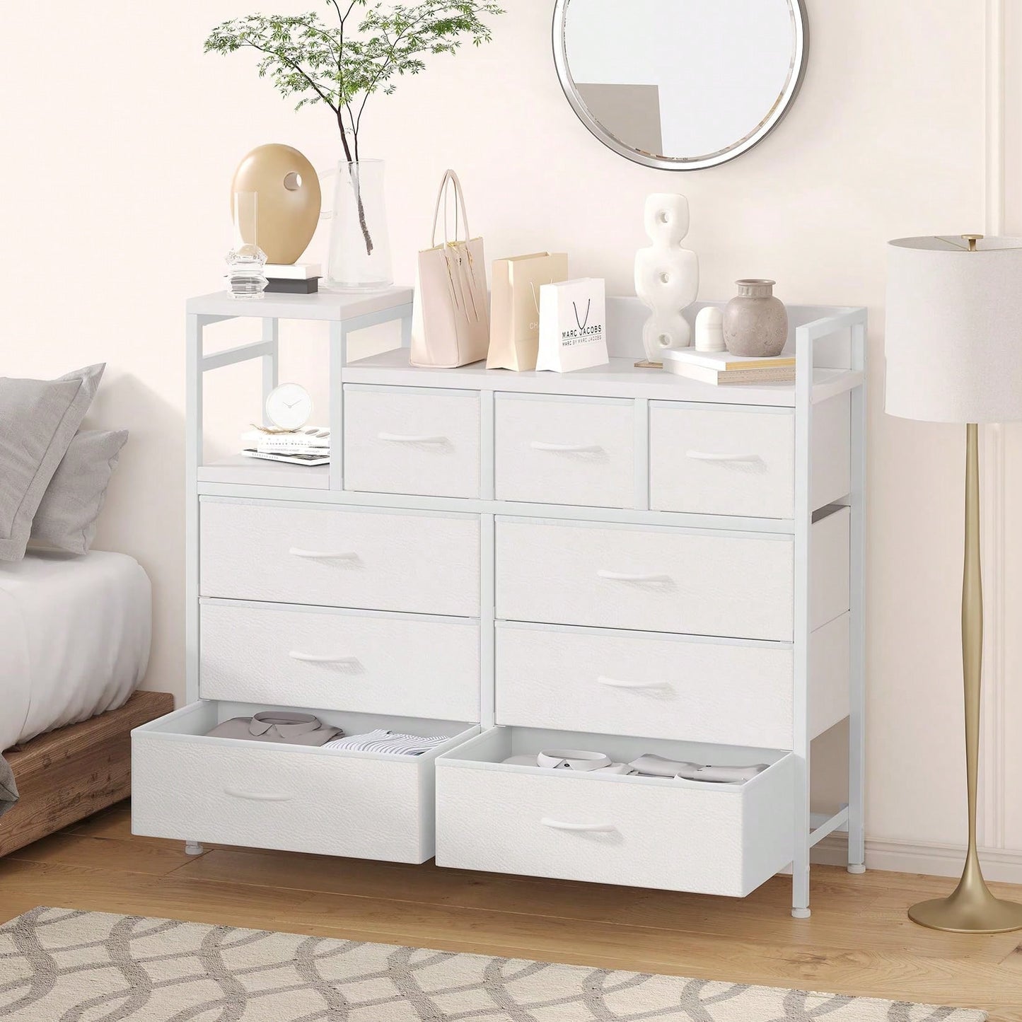 mteryoing 9 Drawer Dresser TV Stand With Charging Station, Entertainment Center, Chest Of Drawers With Open Shelves & Metal Frame & Wood Top For TV Up To 45 Inch For Living Room, Bedroom