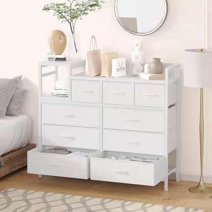mteryoing 9 Drawer Dresser TV Stand With Charging Station, Entertainment Center, Chest Of Drawers With Open Shelves & Metal Frame & Wood Top For TV Up To 45 Inch For Living Room, Bedroom