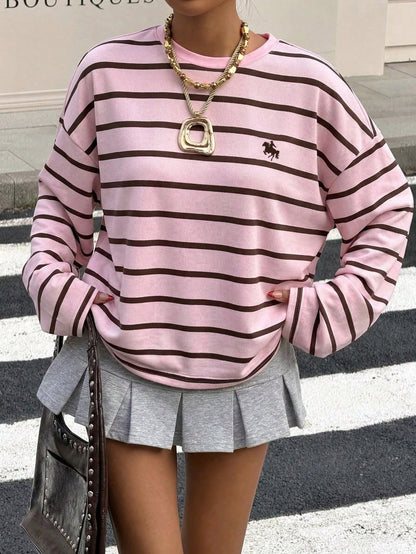 Muchica Casual Minimalist Sports Streetwear, Pink & Brown Small Horse Logo Collegiate Print Pattern, Round Neck Loose Fit Long Sleeve T-Shirt