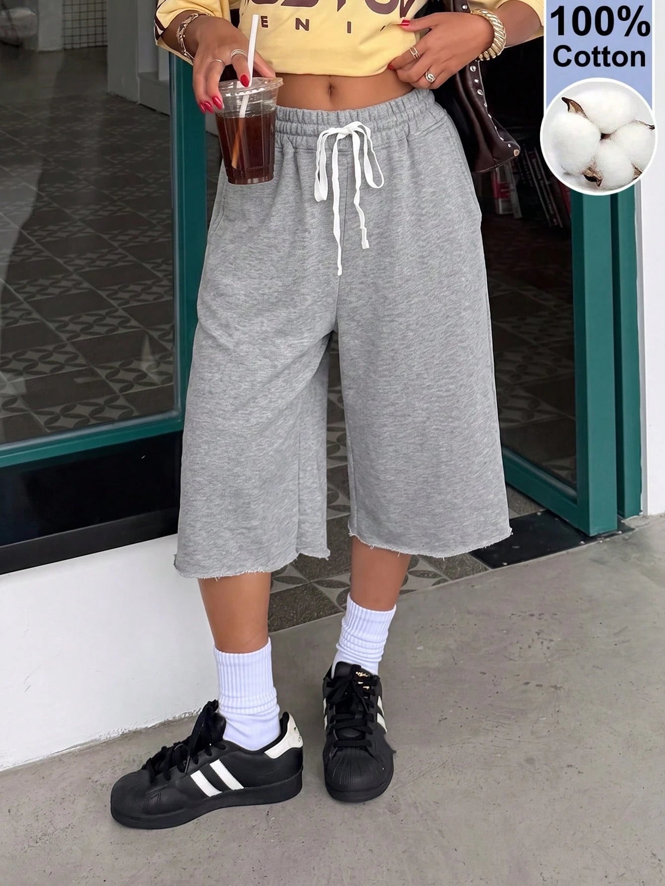 Muchica Gray Knitted Women's Drawstring Waist Pocket Casual Sporty Shorts Gym Summer