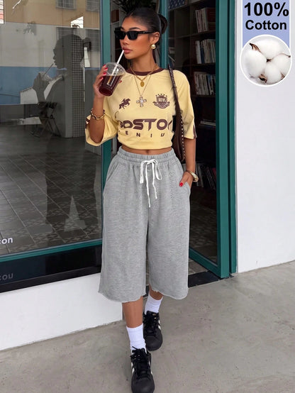 Muchica Gray Knitted Women's Drawstring Waist Pocket Casual Sporty Shorts Gym Summer