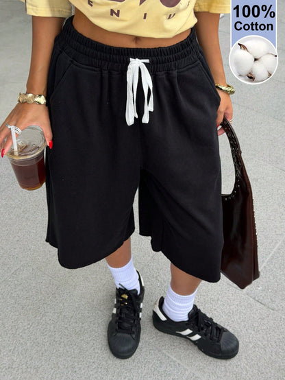 Muchica Gray Knitted Women's Drawstring Waist Pocket Casual Sporty Shorts Gym Summer