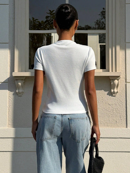 Muchica Holiday Summer Vacation Starfish Button White Knit T-Shirt