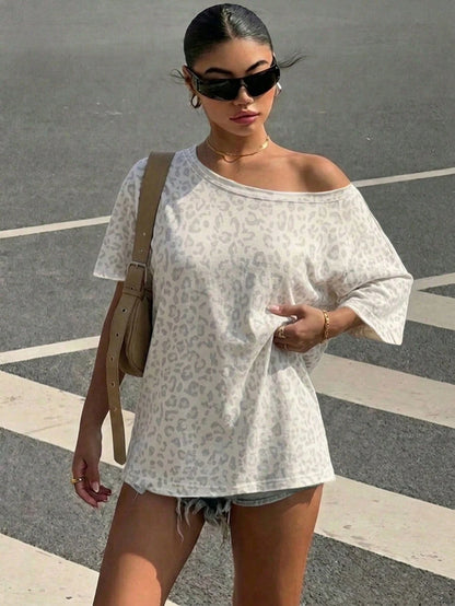 Muchica Leopard Print Women's Casual Minimalist Off-Shoulder Loose Short Sleeve T-Shirt Plus Size T-Shirt