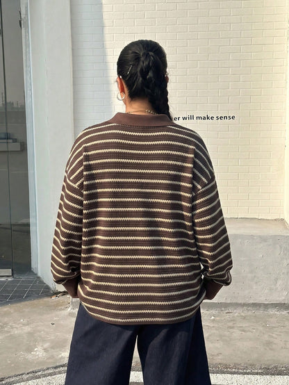 Muchica Plus-Size Autumn Casual Striped Polo Neck V-Neck Preppy Style Long-Sleeved T-Shirt, Perfect For Back-To-School Wear. Fall