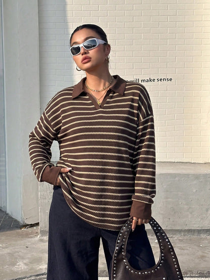 Muchica Plus-Size Autumn Casual Striped Polo Neck V-Neck Preppy Style Long-Sleeved T-Shirt, Perfect For Back-To-School Wear. Fall