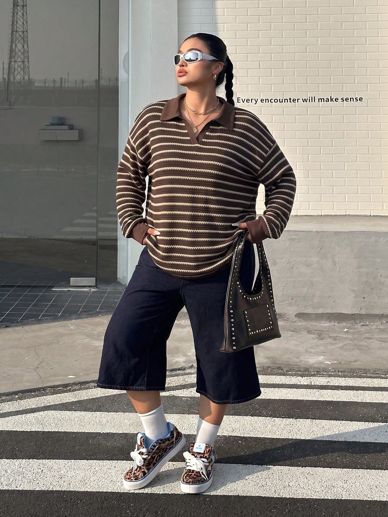 Muchica Plus-Size Autumn Casual Striped Polo Neck V-Neck Preppy Style Long-Sleeved T-Shirt, Perfect For Back-To-School Wear. Fall