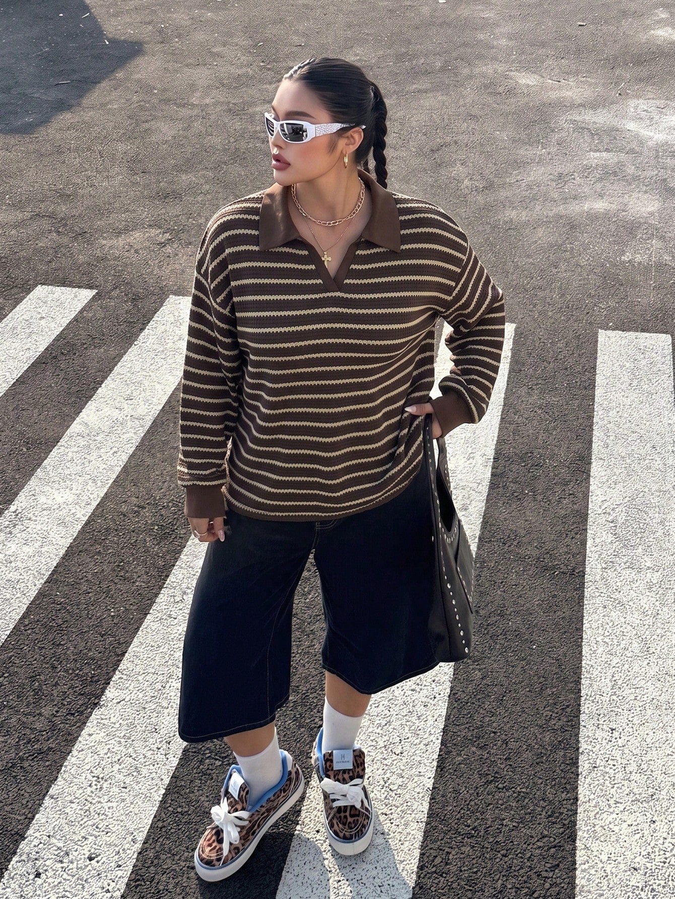 Muchica Plus-Size Autumn Casual Striped Polo Neck V-Neck Preppy Style Long-Sleeved T-Shirt, Perfect For Back-To-School Wear. Fall