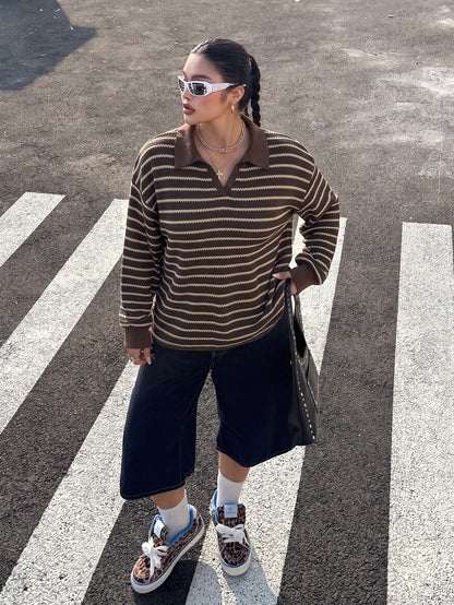 Muchica Plus-Size Autumn Casual Striped Polo Neck V-Neck Preppy Style Long-Sleeved T-Shirt, Perfect For Back-To-School Wear. Fall