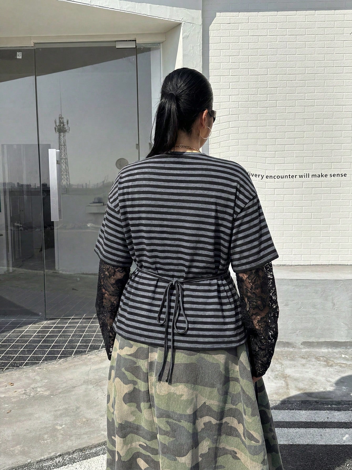 Muchica Plus-Size Knitted Striped Lace-Trimmed Long-Sleeved T-Shirt With A Layered Look, Perfect For Everyday Casual Wear. Fall
