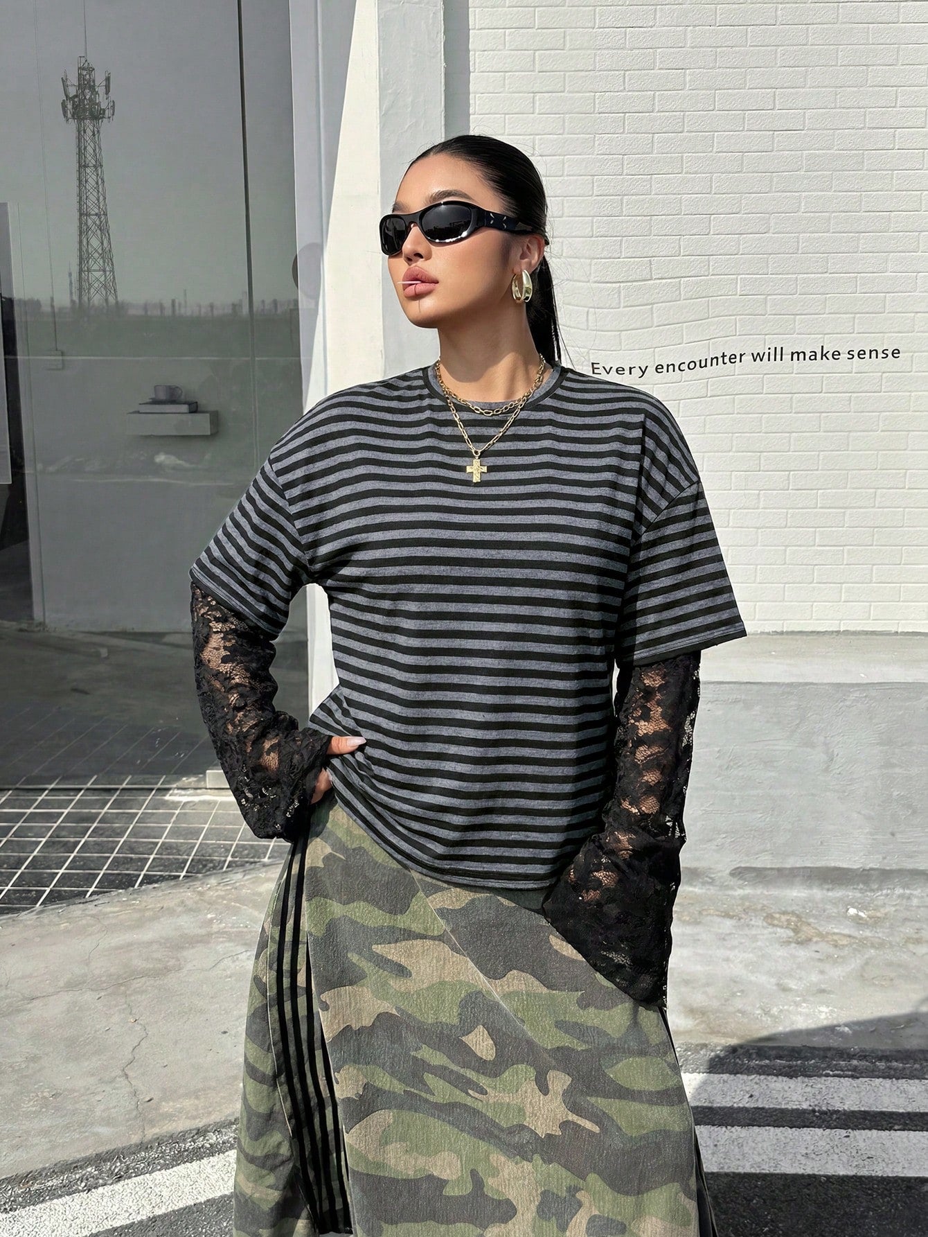 Muchica Plus-Size Knitted Striped Lace-Trimmed Long-Sleeved T-Shirt With A Layered Look, Perfect For Everyday Casual Wear. Fall