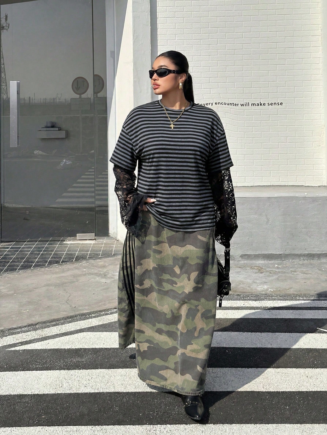 Muchica Plus-Size Knitted Striped Lace-Trimmed Long-Sleeved T-Shirt With A Layered Look, Perfect For Everyday Casual Wear. Fall