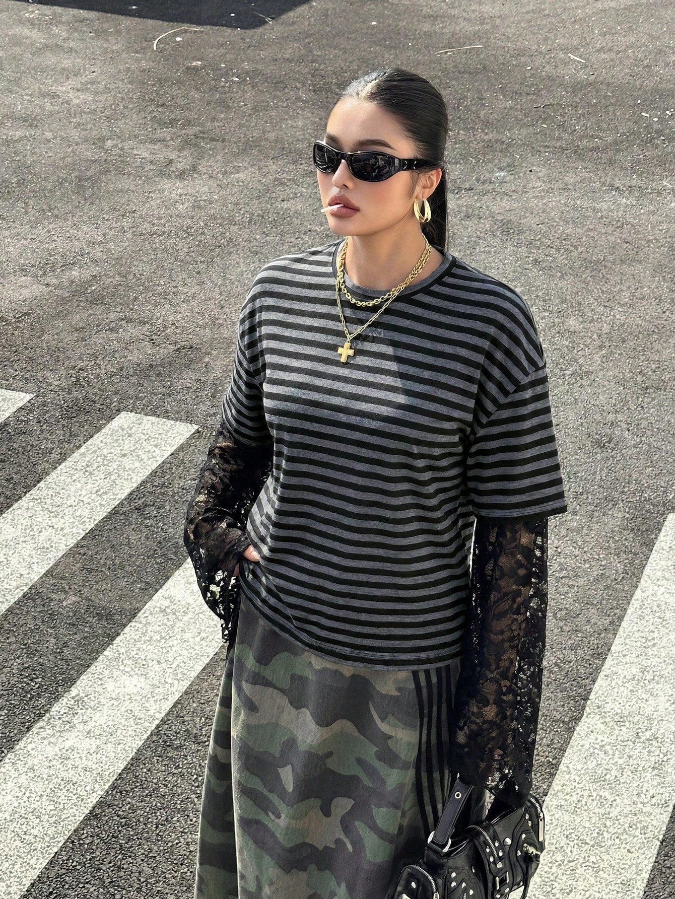 Muchica Plus-Size Knitted Striped Lace-Trimmed Long-Sleeved T-Shirt With A Layered Look, Perfect For Everyday Casual Wear. Fall