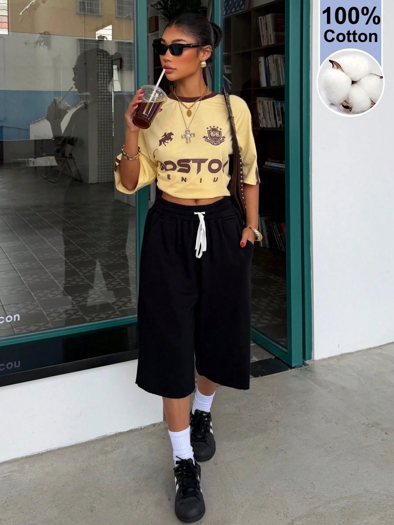 Muchica Women's 100 Cotton Black And White Knit Drawstring Waist Casual Sporty Streetwear Sports Shorts Concert Summer Workout Gym
