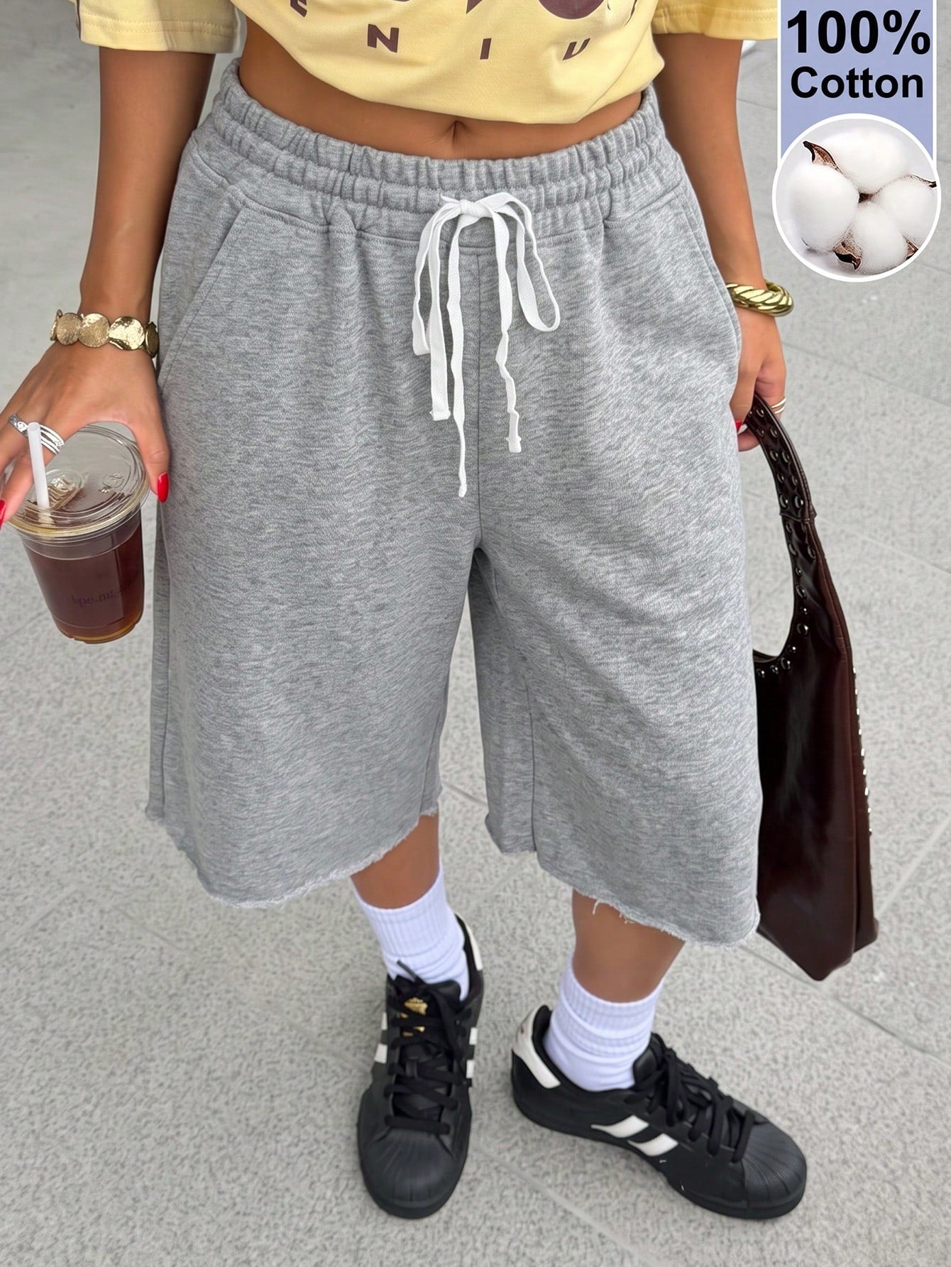Muchica Women's 100 Cotton Black And White Knit Drawstring Waist Casual Sporty Streetwear Sports Shorts Concert Summer Workout Gym