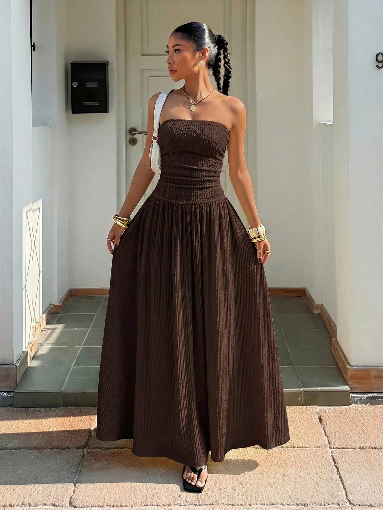 Muchica Women's Strapless Coffee Brown Summer Casual Holiday Vacation Dress,Elegant Knitted Texture Long Gown,Formal Party Graduation Bridesmaid Dresses