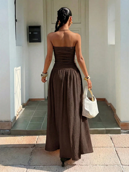 Muchica Women's Strapless Coffee Brown Summer Casual Holiday Vacation Dress,Elegant Knitted Texture Long Gown,Formal Party Graduation Bridesmaid Dresses