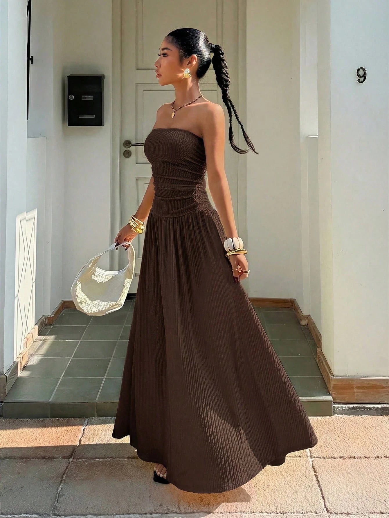 Muchica Women's Strapless Coffee Brown Summer Casual Holiday Vacation Dress,Elegant Knitted Texture Long Gown,Formal Party Graduation Bridesmaid Dresses