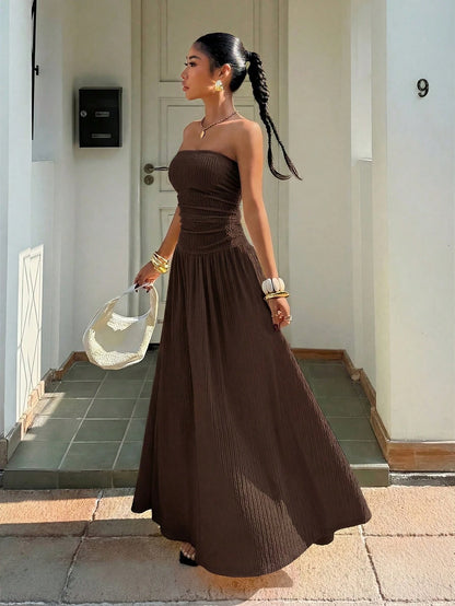 Muchica Women's Strapless Coffee Brown Summer Casual Holiday Vacation Dress,Elegant Knitted Texture Long Gown,Formal Party Graduation Bridesmaid Dresses