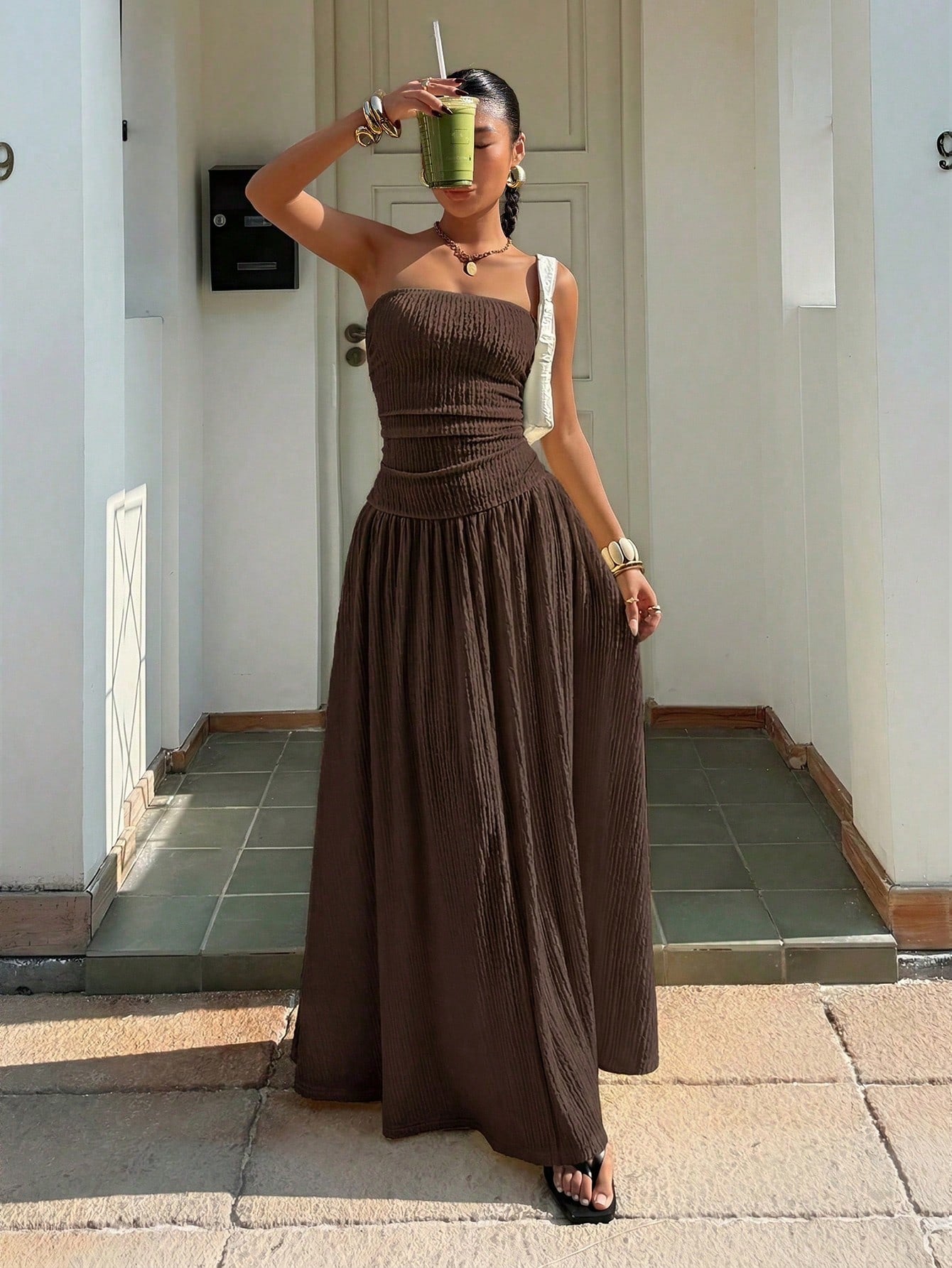 Muchica Women's Strapless Coffee Brown Summer Casual Holiday Vacation Dress,Elegant Knitted Texture Long Gown,Formal Party Graduation Bridesmaid Dresses