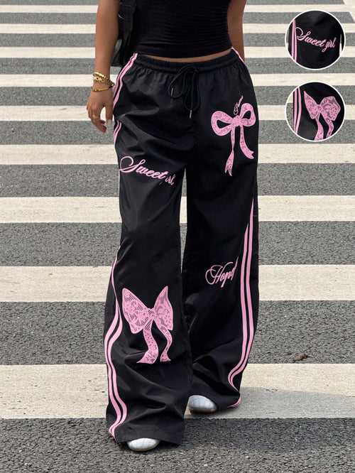 Muchica Y2k Bottoms Woven Black Pants With Pink Bow Print Wide Leg Trousers,Fall, Summer Outfits, Beach For Women, Holiday