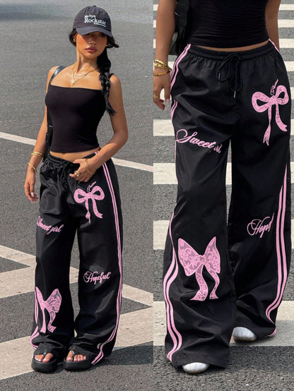 Muchica Y2k Bottoms Woven Black Pants With Pink Bow Print Wide Leg Trousers,Fall, Summer Outfits, Beach For Women, Holiday