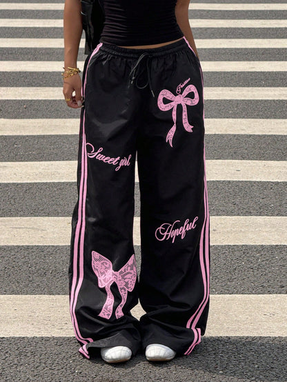 Muchica Y2k Bottoms Woven Black Pants With Pink Bow Print Wide Leg Trousers,Fall, Summer Outfits, Beach For Women, Holiday