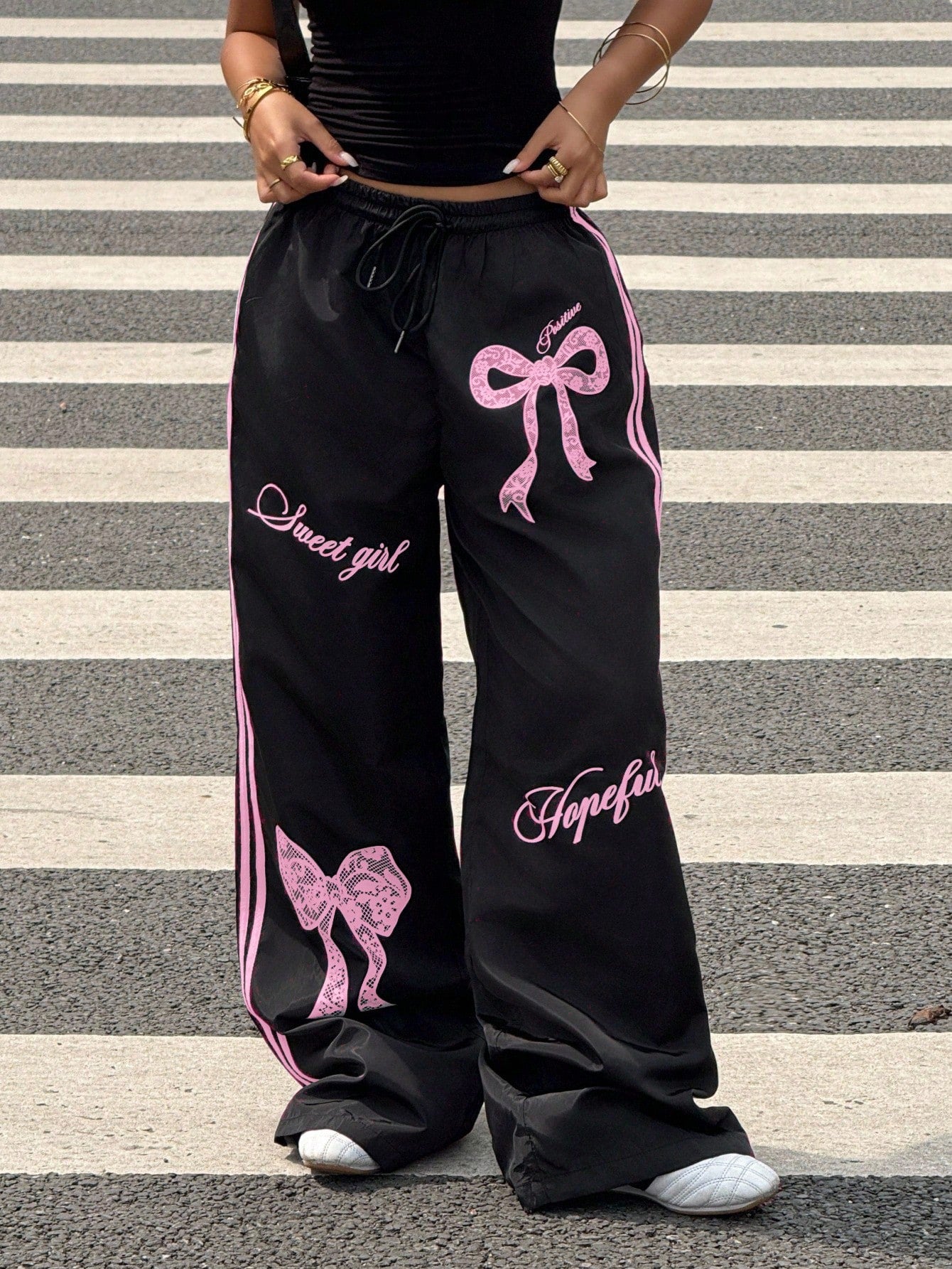 Muchica Y2k Bottoms Woven Black Pants With Pink Bow Print Wide Leg Trousers,Fall, Summer Outfits, Beach For Women, Holiday